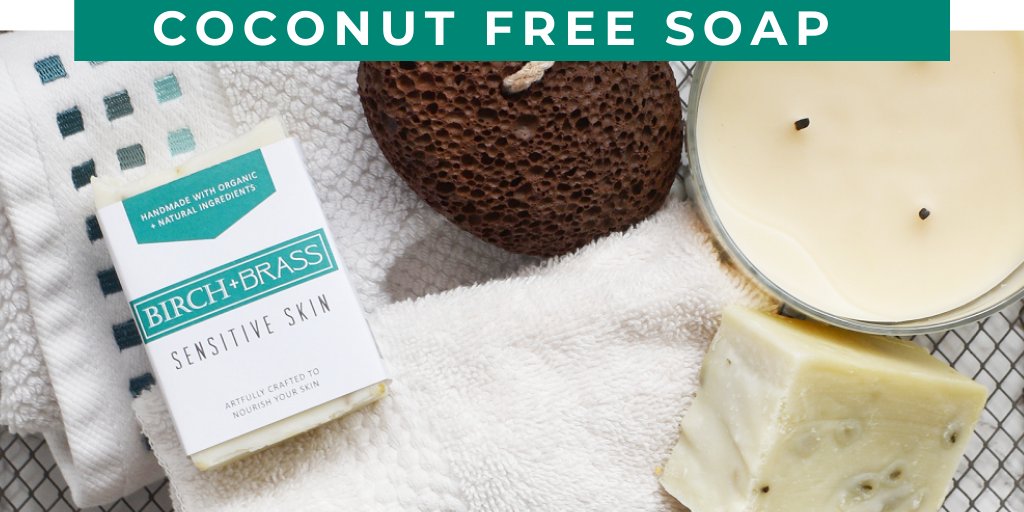 Allergic to coconut? Our Sensitive Skin soap is for you! It’s a silky, gentle cleansing soap made with organic olive oil, hemp seed oil, shea butter, and castor oil with fresh aloe and rosemary. 

🧼👉bit.ly/2qKa2ZX 

#birchnbrass #coconutallergy #allnaturalingredients