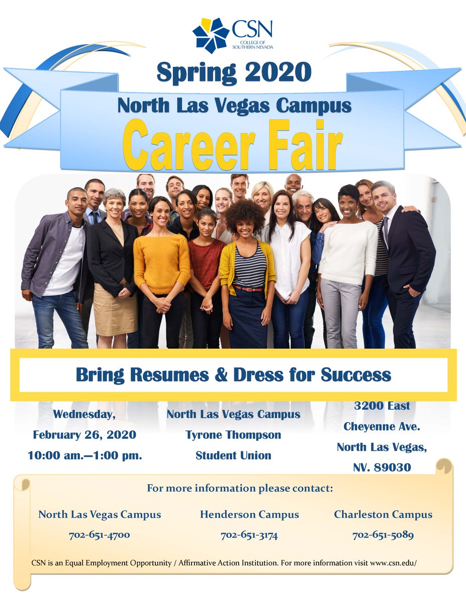 CSN_Alumni's tweet image. North Las Vegas Campus Career Fair 
3200 E. Cheyenne Ave North Las Vegas, 89030
Wednesday, February 26, 2020
10:00 a.m. to 1:00 p.m. 
Bring resumes and dress for success!
For more information visit csn.edu/CATS.  
#CSNAlumni @CSNCoyote @CSNFoundation