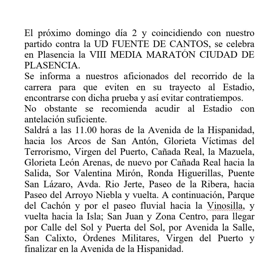 UPPlasencia_'s tweet photo. ⚠️INFORMACIÓN⚠️
El próximo domingo, coincidiendo con nuestro partido contra la @UDFDC, se celebra la VIII #MMPlasencia2020 de @AtletasPopPlas. 
Ven con tiempo al Estadio y ten en cuenta el recorrido y los horarios!! https://t.co/DaAjrJNKBi