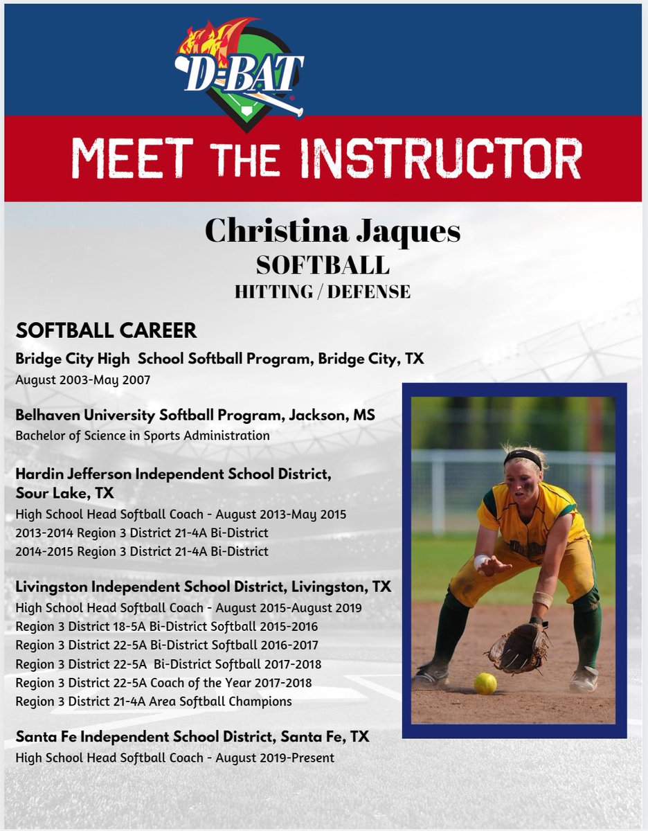 DBATWebster's tweet image. Hey Softball fans...we want to introduce another one of our amazing Instructors. Here is Christina Jaques. Need fielding or hitting lessons? Get signed up today at D-BAT Webster. #dbatwebster #dbattv