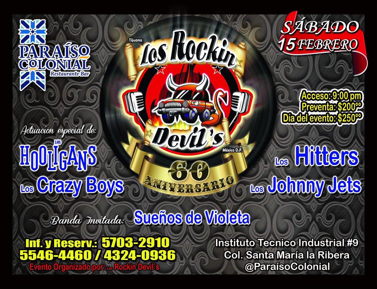 suenosdvioleta's tweet photo. 🥁🤘🏻Este sábado 15 de febrero vamos a #rockear con la ELITE🎸 tenemos el honor de ser parte de esté gran festejo! 🎸
🎸🎸 #losrockindevils #loshooligans #loscrazyboys #loshitters #losjonnyjets 
Allá nos vemos 😃
😃
😎 This saturday February 14th we are going to rock 😎🤘🏻 🔥 https://t.co/0R28fEnuks