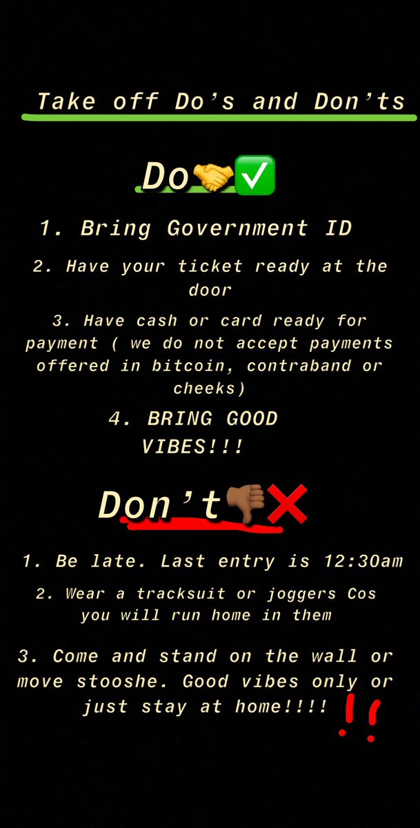OurAfterParty1's tweet photo. Do’s and Don’ts. Let’s have a great night guys!!💥💥 https://t.co/DEE6DjbG14