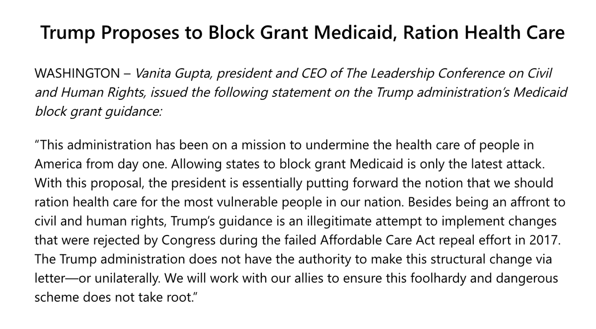 Screenshot of our statement on the Trump administration's Medicaid block grant guidance. The full statement can be read at the link in the original tweet.