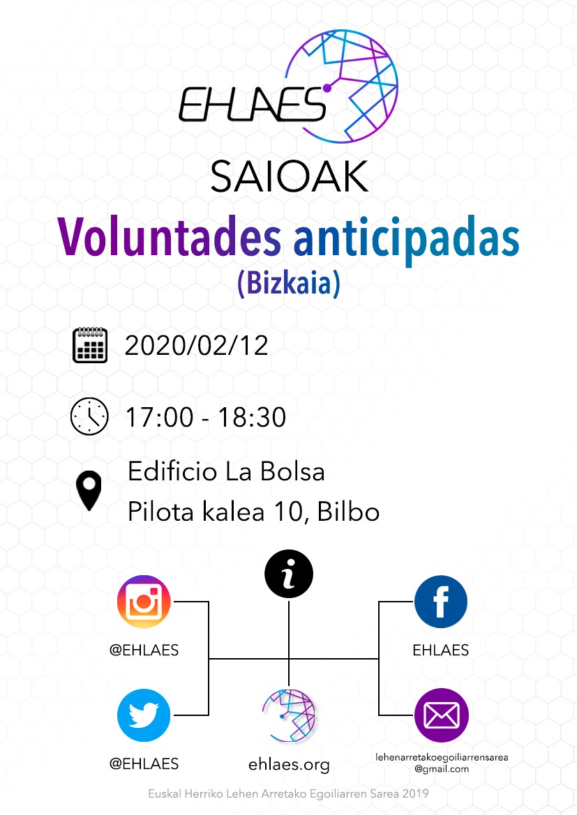 VOLUNTADES ANTICIPADAS BIZKAIA
¿En qué consiste en proceso de planificación de la asistencia?¿Qué le ofrezco como médico de atención primaria?¿Como afrontar la entrevista clínica en estos casos?

El 12/02/2020 #ehlaesaioak con Victor Landa
Inscripción: ehlaes.org/ehlaes-saioak