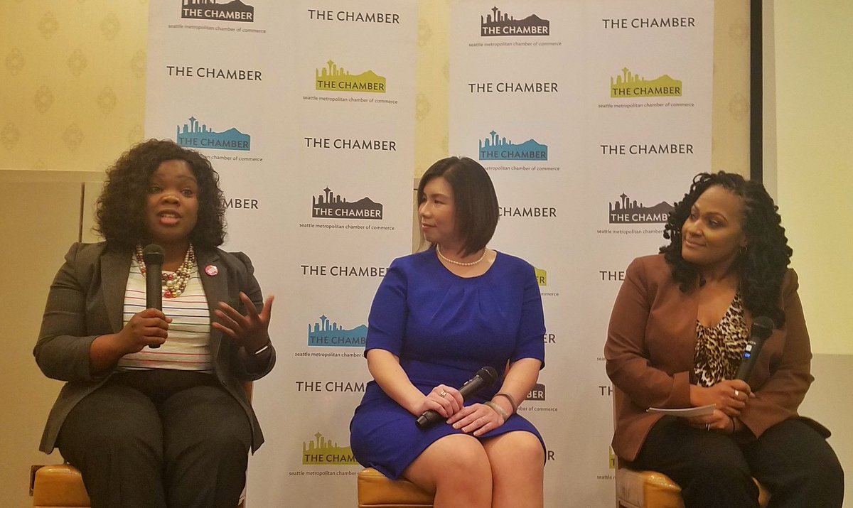 SeattleChamber's tweet photo. We're here at our 17th #WIBLI Symposium to discuss how your voice can be a tool in your leadership toolbox. First we welcome @ProfessorHarden, @Microsoft's @zheriscar, and @SAPConcur's @EllieWu_t to talk about leading through #authenticity. https://t.co/7soDIyfeFl