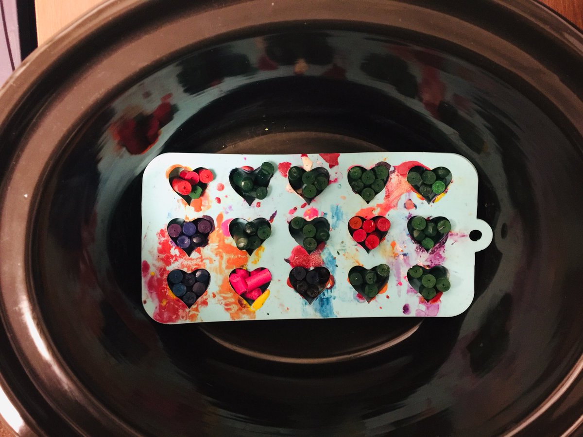 Poni3kj's tweet image. First friends experiment with the effects of heating and cooling. We sorted broken crayons, broke them into small pieces, melted them in a crock pot and reformed them into cute little heart crayons. Science and recycling together!  #Firstfriends. #CISDScienceRocks