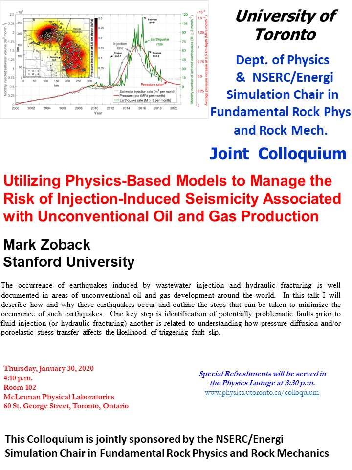 We are pleased to announce our group, the NSERC/Energi Simulation Chair in Fundamental Rock Physics and Rock Mechanics, will be jointly sponsoring the colloquium by Prof. Mark Zoback, Stanford University, along with the Department of Physics <a href="/UofT/">University of Toronto</a>.