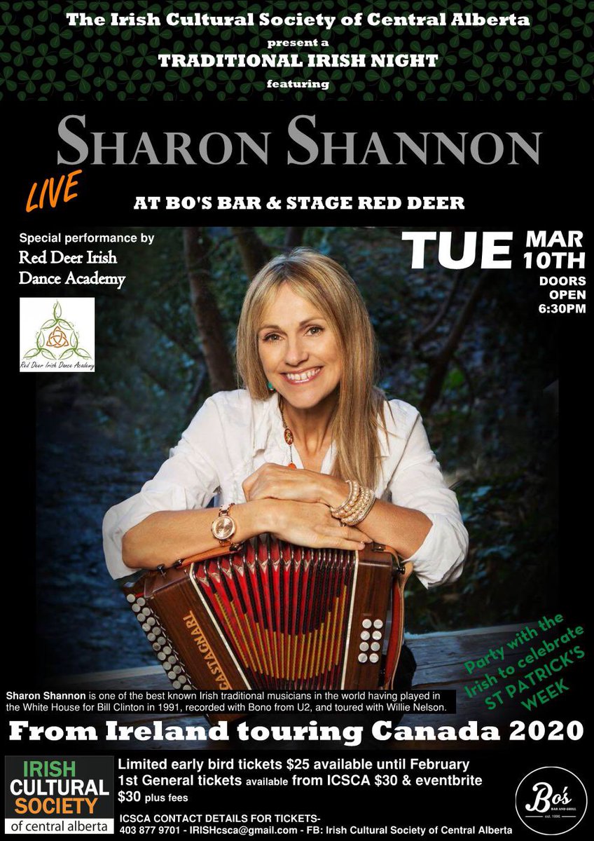 So #reddeer we’re very lucky to have Irish traditional musician <a href="/SharonShannon99/">Sharon Shannon</a> visit us this March. This is the ultimate Irish celebration anywhere in Central Alberta coming up to #StPatricksDay so why not pickup tickets for you and your friends.youtube.com/playlist?list=…