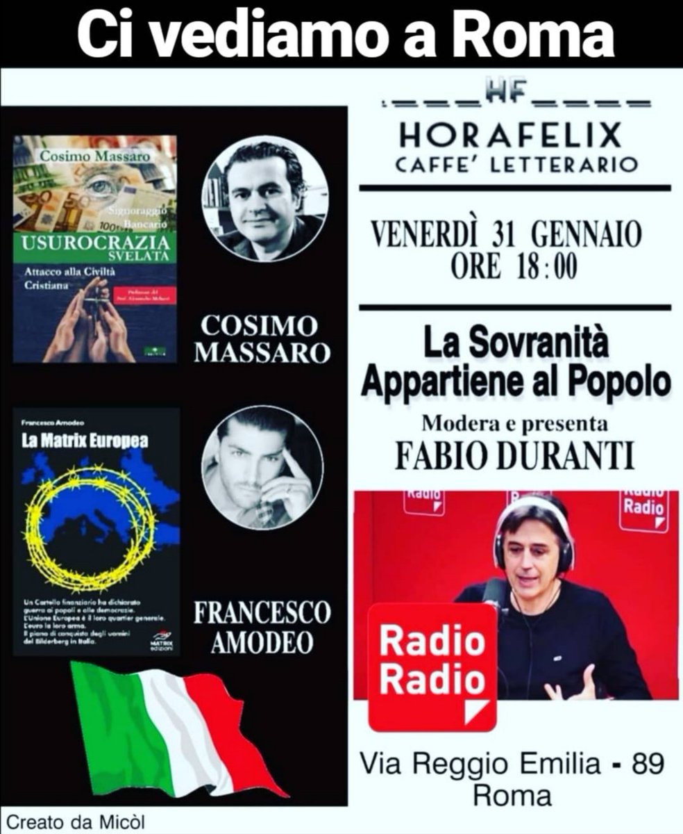 amodeomatrix's tweet photo. Ci vediamo domani a #Roma
#lamatrixeuropea
@RadioRadioWeb
#usurocrazia
#cosimomassaro https://t.co/SbvkNLhcDO