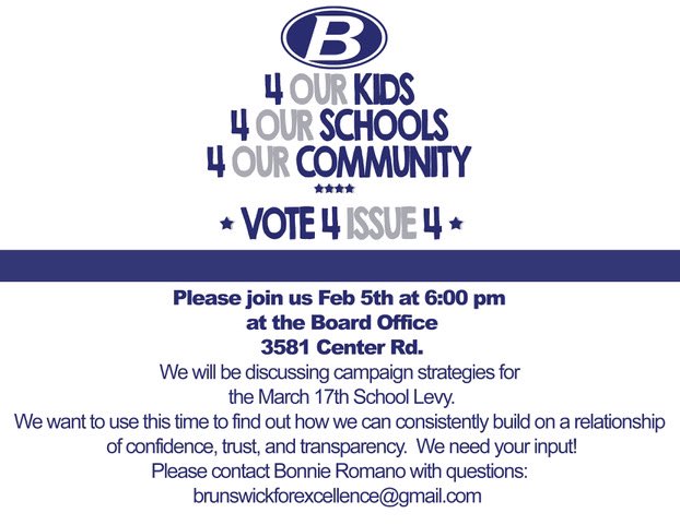 4BrunswickSchls's tweet photo. Save the date!!  Feb 5th at 6:00!!

Please join us for a Citizens of Excellence Meeting!!! We’re in need of passionate residents who believe the strength of our community starts with our schools! The meeting will start at 6:00 pm at the Board Office. We need your input!! https://t.co/IhxAAqWoB9