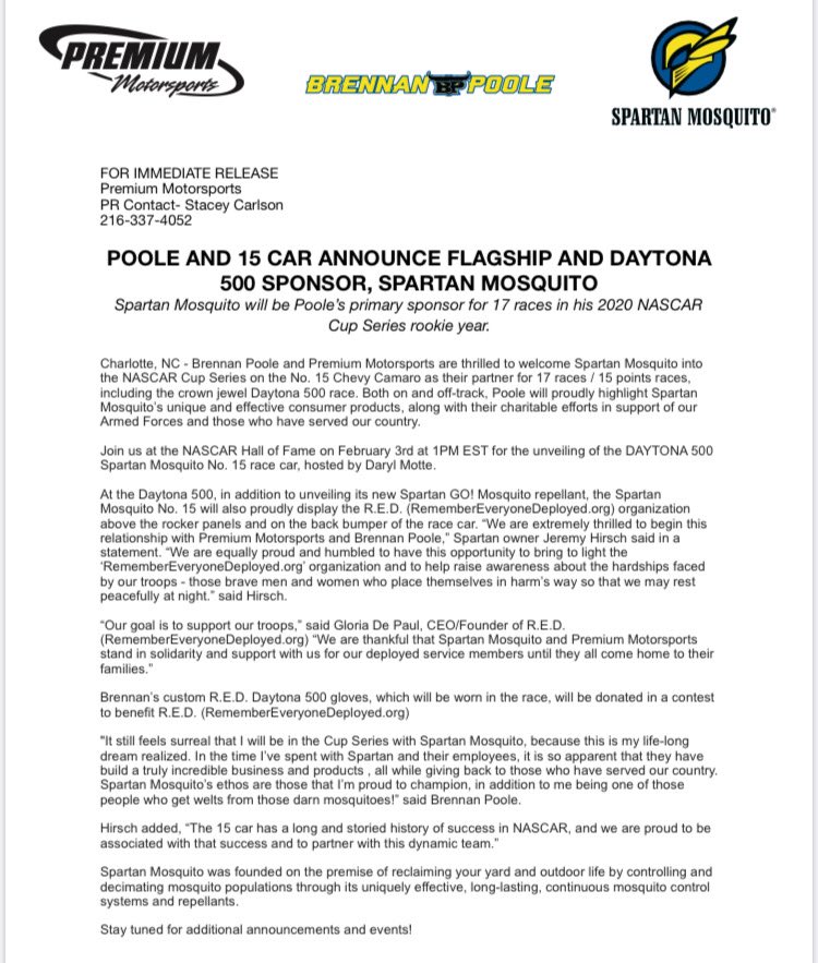 premiummotrspts's tweet photo. We are proud to announce our 2020 #NASCAR CupSeries 🏁 flagship partner #SpartanMosquito 🦟 of ROTY @brennanpoole 🤘🏻for 17 #Races starting @disupdates &amp; the running of the #Daytona500 - come join us Monday 1pm Feb 3rd @NASCARHall for the unveiling of the #15 #SpartanGO #Chevy 💯 https://t.co/4fHKjmsZs4