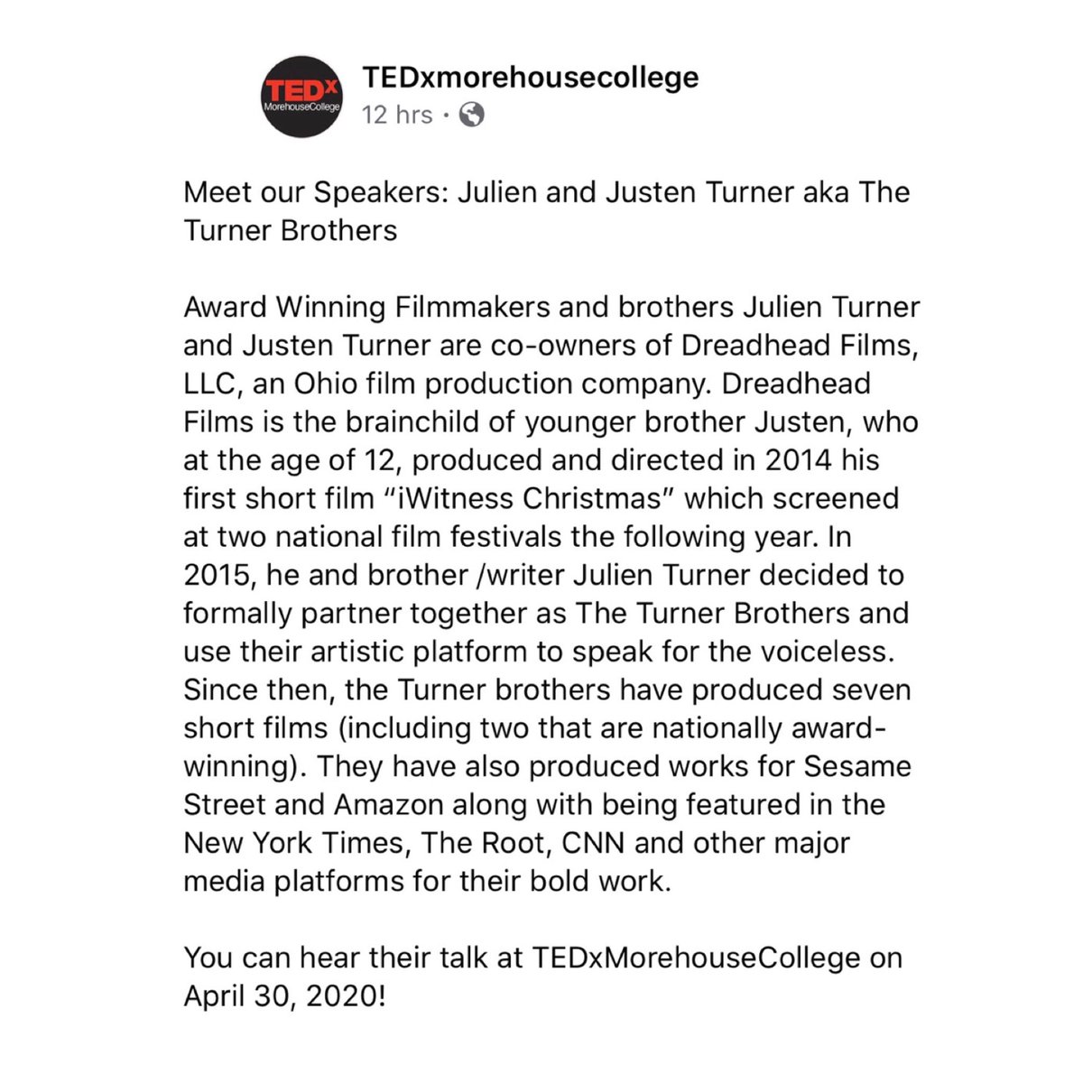 DreadheadFilms's tweet photo. Join us at our TED Talk. 🗣

April 30th, 2020 at the Inaugural TEDx Morehouse College. Save the date.

More details to come. https://t.co/5ydwCPZ0GT