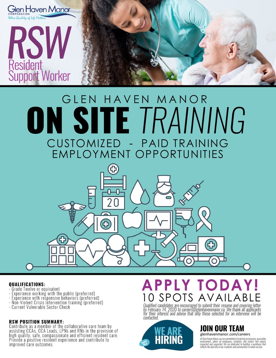 glenhavenmanor's tweet photo. Glen Haven Manor is pleased to offer this on site training opportunity for candidates interested in becoming resident support workers. Deadline is February 14, 2020. #hiringlocal #longtermcare #continuingcare #healthcare https://t.co/znPRZXToMD