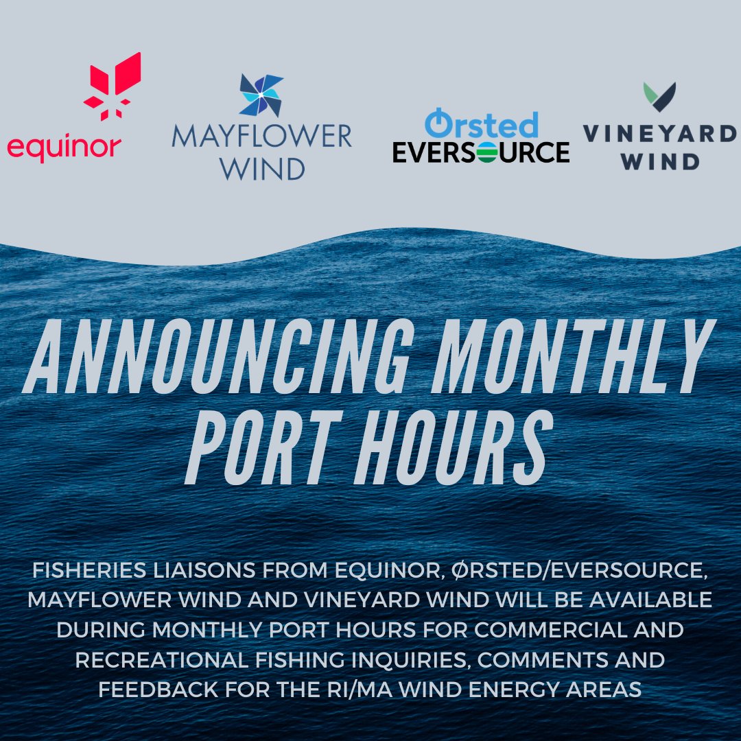 VineyardWindUS's tweet photo. Fisheries Liaisons from @EquinorWindUS, @OrstedUS /@EversourceCorp, #MayflowerWind and @VineyardWindUS will be available during monthly port hours for commercial and recreational fishing inquiries, comments, and feedback for the RI/MA Wind Energy Areas. https://t.co/ZmAa2z28zW https://t.co/mRMFMtj3cq