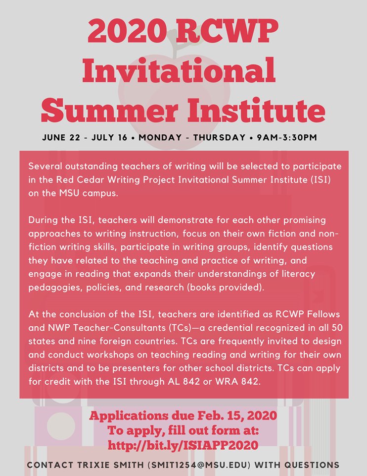 Applications for this summer's Invitational Summer Institute are available! They are due February 15. Check out the flyer for more information on the institute and how to apply. Email Director Trixie Smith with questions.