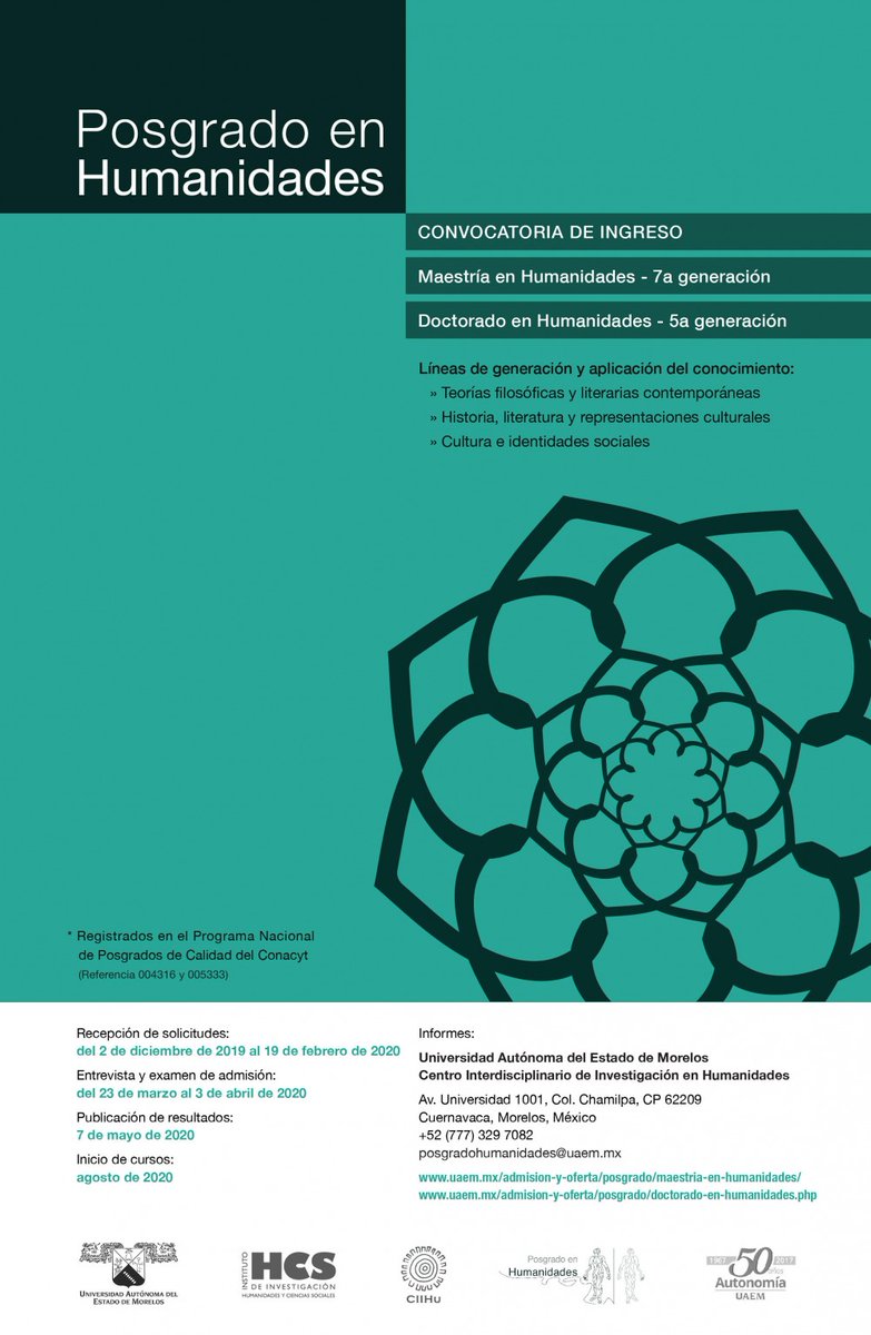 uaemorelos's tweet photo. El Instituto de Investigación en Humanidades y Ciencias Sociales #IIHCS por medio del Centro Interdisciplinario de Investigación en Humanidades @CIIHu_UAEM convoca a sus posgrados en humanidades registrados en el Programa Nacional de Posgrados de Calidad del @Conacyt_MX https://t.co/svPzG7WQTu