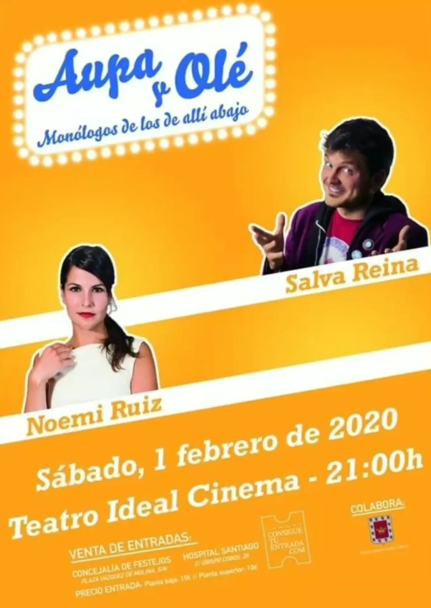 Salva Reina | Info 🌟 (@salvareina_info) on Twitter photo Este finde viene cargado de risas que va a provocar <a href="/salvareinachuki/">salva reina</a> 😂💥
📆 Viernes 31/01 🕘 21:00h
📍Cine-Teatro Óvalo (Vélez-Rubio)
🌟 Con @pacocalavera
📆 Sábado 01/02 🕘 21:00h
📍 Teatro Ideal Cinema (Úbeda, Jaén)
🌟 Junto con <a href="/Noem_ruiz/">Noemí Ruiz</a> Este finde viene cargado de risas que va a provocar <a href="/salvareinachuki/">salva reina</a> 😂💥
📆 Viernes 31/01 🕘 21:00h
📍Cine-Teatro Óvalo (Vélez-Rubio)
🌟 Con @pacocalavera
📆 Sábado 01/02 🕘 21:00h
📍 Teatro Ideal Cinema (Úbeda, Jaén)
🌟 Junto con <a href="/Noem_ruiz/">Noemí Ruiz</a>