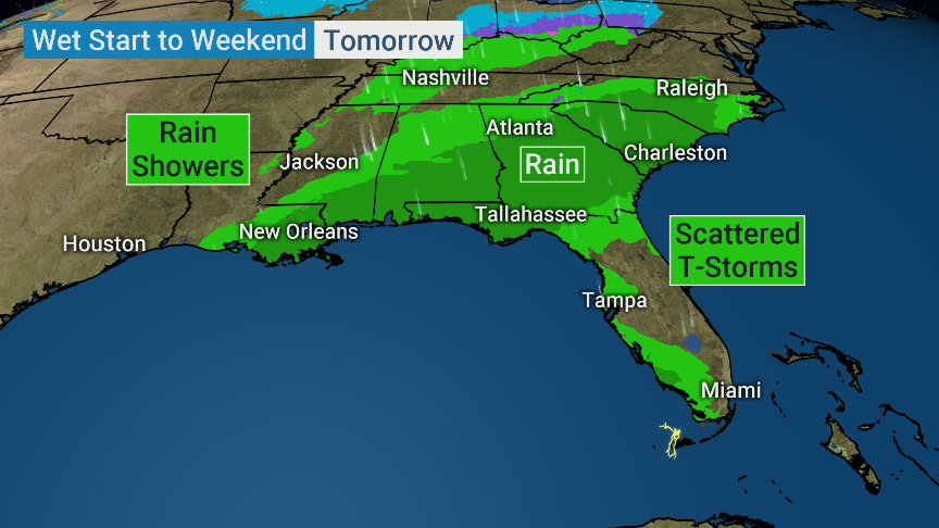 weatherchannel's tweet photo. Though things look nice and clear for Miami Saturday evening, the Southeast will be getting a wet start to the weekend. https://t.co/srAhgGpTet