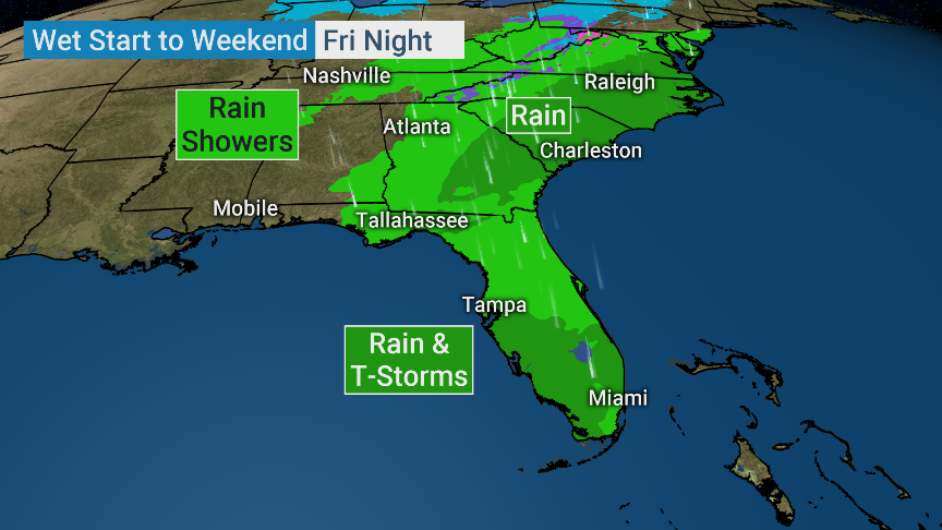 weatherchannel's tweet photo. Though things look nice and clear for Miami Saturday evening, the Southeast will be getting a wet start to the weekend. https://t.co/srAhgGpTet