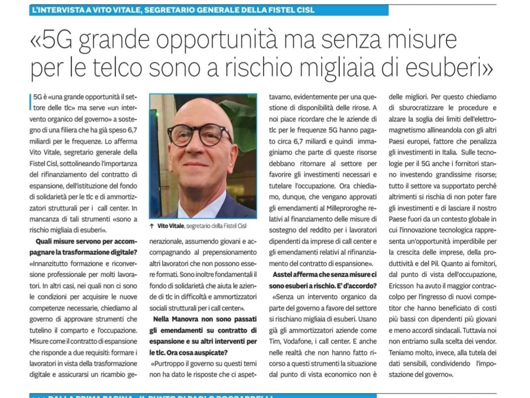 SeraoGiorgio's tweet photo. #TLC #intervista al Segretario Generale @FISTelNazionale #Vitale @CislNazionale @asstel_it @LDRaimondo @TIM_Official @VodafoneIT @FASTWEB @WindTreOfficial @CatalfoNunzia @Ale_ToddeM5S @PPBaretta
@sole24ore @SimonaRossitto https://t.co/vF32J3d9z2