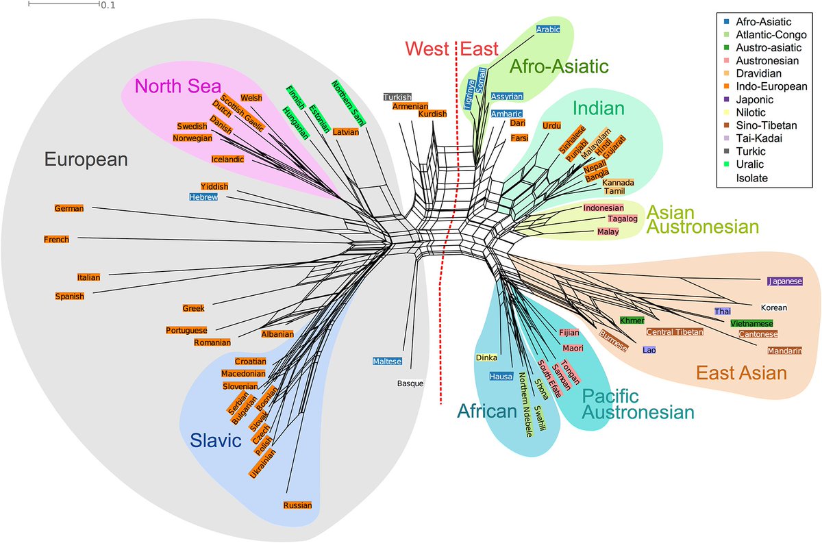 Skirgård et al (2017) published an interesting study on people's perception & recognition of languages on the basis of 'listening' audio i.e. why are some languages confused for others? Here in this Neighbour Net Analysis map the shortest route between 2 languages indicates...