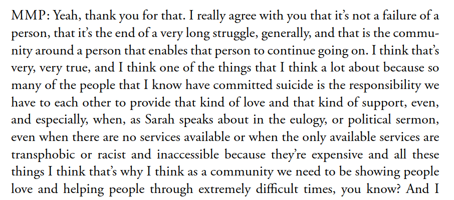 Similarly, I think every suicidal trans person should read this transcription from  @morganmpage &  @sarahschulman3 on "Queer Suicidality, Conflict, and Repair." https://muse.jhu.edu/article/660595/ 