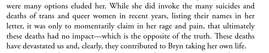 Similarly, I think every suicidal trans person should read this transcription from  @morganmpage &  @sarahschulman3 on "Queer Suicidality, Conflict, and Repair." https://muse.jhu.edu/article/660595/ 