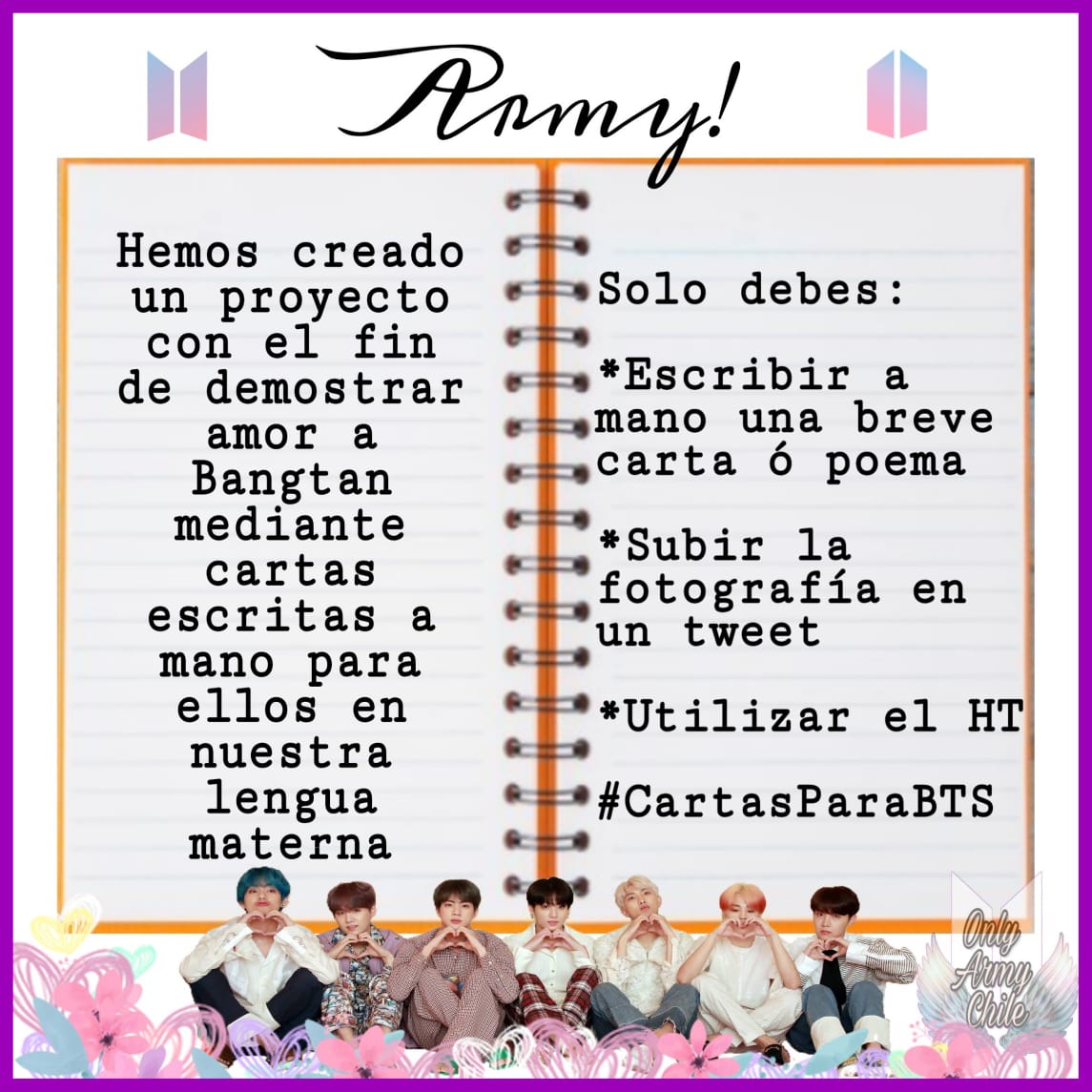 OnlyARMYChile's tweet photo. Anuncio N°3

Con todo el amor del mundo les dejamos éste lindo proyecto inspirado en los chicos...

Se llevará a cabo éste Sábado 01 de Febrero desde las 18 hrs Chile y utilizaremos #/CartasParaBTS

@BTS_twt 

Se suman? https://t.co/d2tzX1F1Yk