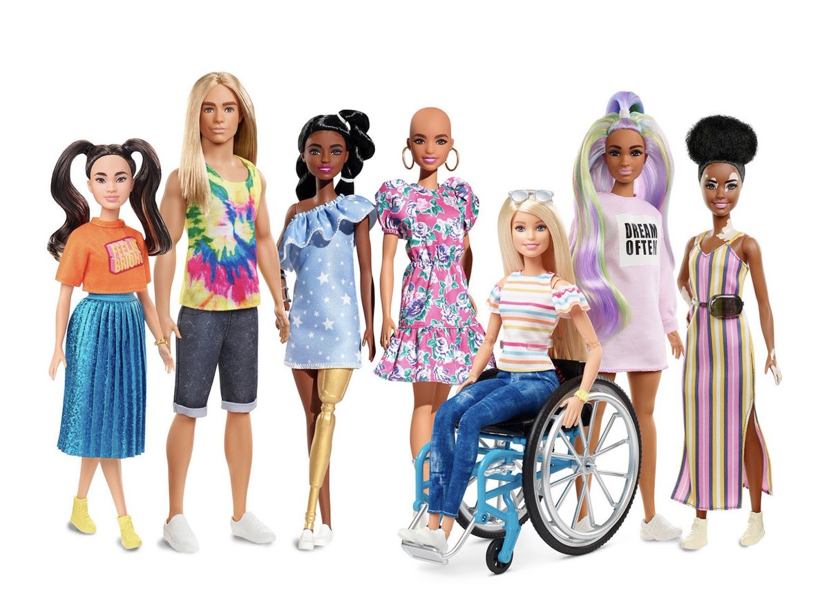 WeAreEquity's tweet photo. One doll is bald. Another has a prosthetic limb. And another doll has vitiligo, a condition that causes skin to lose melanin. They are among several new Barbies that features “more skin tones, hair types and body shapes than ever before”: https://t.co/GBu8BI2w31 #WeAreEquity https://t.co/YCRHMZVouH