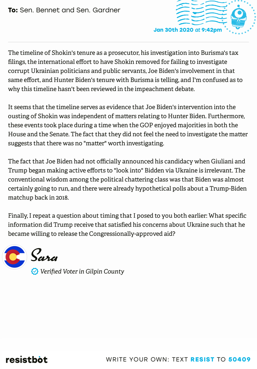 openletterbot's tweet photo. I just delivered this letter from Sara in Black Hawk, Colo. to @SenatorBennet and @SenCoryGardner #CO02 #COpolitics #Impeach https://t.co/MY5pkTiz15
