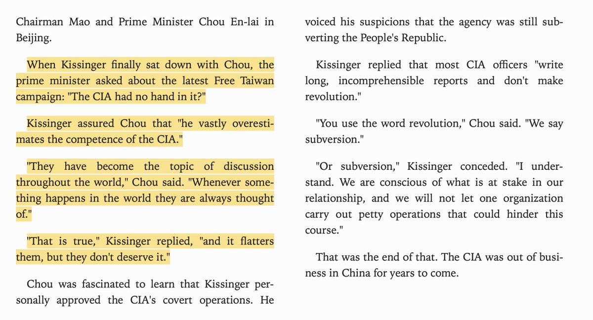 CIA put the Dalai Lama on the payroll and armed the Tibetans against Mao's China. Nixon put an end to this, then Kissinger bonded with Zhou Enlai over how incompetent and worthless the CIA was.