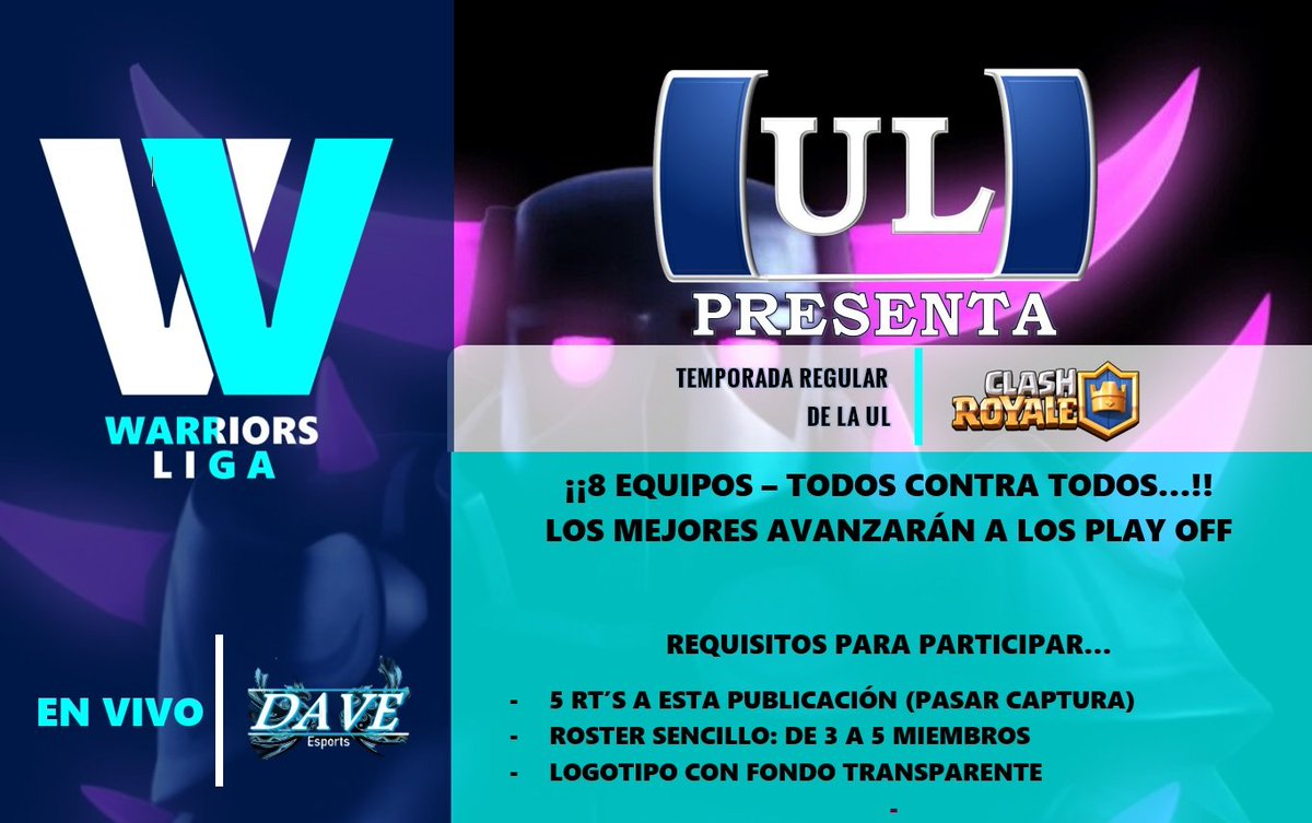 ¡¡ LA 3º LIGA YA ESTÁ AQUÍ...!!
#ClashRoyale #Inscripciones
- Dar RT y Fav
- Seguirnos
- Mencionar 2 equipos
- Conseguir 5 RT's (Pruebas al MD)
- 8 Cupos (Formato Liga TcT)
- Cumplir con los requisitos de la imagen
¡¡¡ LOS PRIMEROS 8 QUE COMPLETEN INSCRIPCIÓN PARTICIPAN...!!!