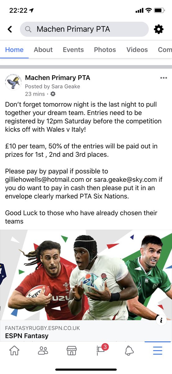 Fantasy six nations closes to entries on Saturday at 12pm. Get your dream team together and join in. Details in the picture. Join in at the link fantasyrugby.espn.co.uk/22/selectteams… @Stephen_Machen @machenprimary <a href="/CricketMachen/">MachenCricketClub</a> <a href="/MachenDevilsJFC/">Machen Devils JFC</a>
