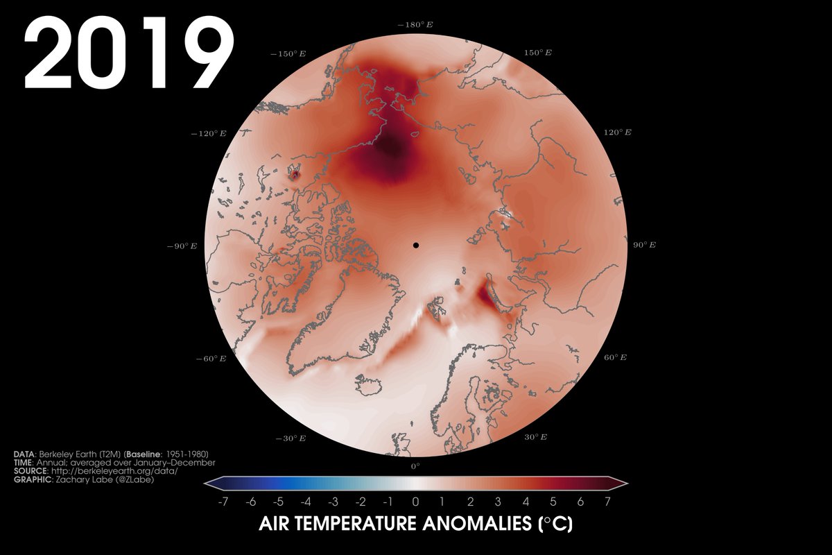 Polar stereographic map of surface air temperature anomalies in 2019