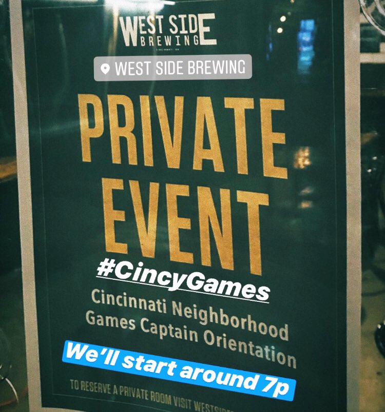 Cincinnati Neighborhood Games (@cincygames) on Twitter photo We look forward to seeing you tonight (Jan 30) at <a href="/WestSideBrewing/">West Side Brewing</a>! Thank you for the #CincyGames support! We look forward to seeing you tonight (Jan 30) at <a href="/WestSideBrewing/">West Side Brewing</a>! Thank you for the #CincyGames support!