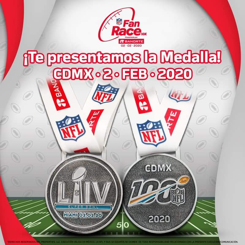 nflgirlsmx's tweet photo. #NFLovers! Esta será la medalla conmemorativa de la #NFL 🏈 #FanRace, que se entregará a todos los corredores que crucen la meta este domingo.
¿Quién asistirá? 🤔 Aún se pueden registrar en @innovasport 🏃🏻♀️🏃♀️🏃♀️
#NFL100 #SBLIV #FanRace2020 https://t.co/ZMdKTcfou7