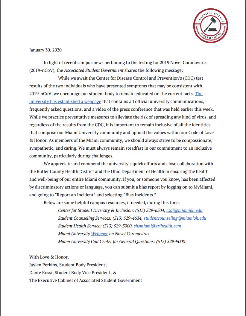 MiamiASG's tweet photo. ASG Cabinet Statement on Campus Health &amp; Inclusivity https://t.co/22qzdkiuwX