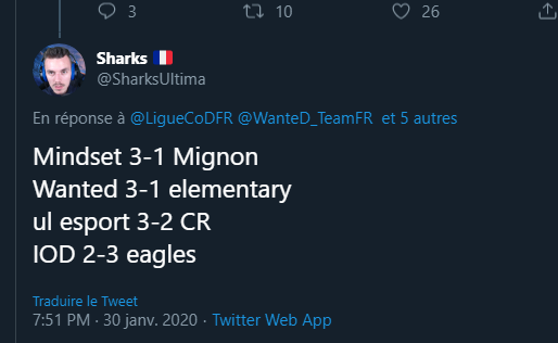 SharksUltima's tweet photo. 4/4 en pronostiques avec deux scores exacts , c'est qui l'analyste maintenant ? mdr 

Super journée de @LigueCoDFR !

@TeamOFMindset 3-1 #TeamMignon

@WanteD_TeamFR 3-0 @elementary_es 

@universlan 3-0 @ClutchRayn 

@Team_iOD 2-3 @COD_EAGLES 

Bonne nuit a tous :D https://t.co/BTnG2t0tWJ