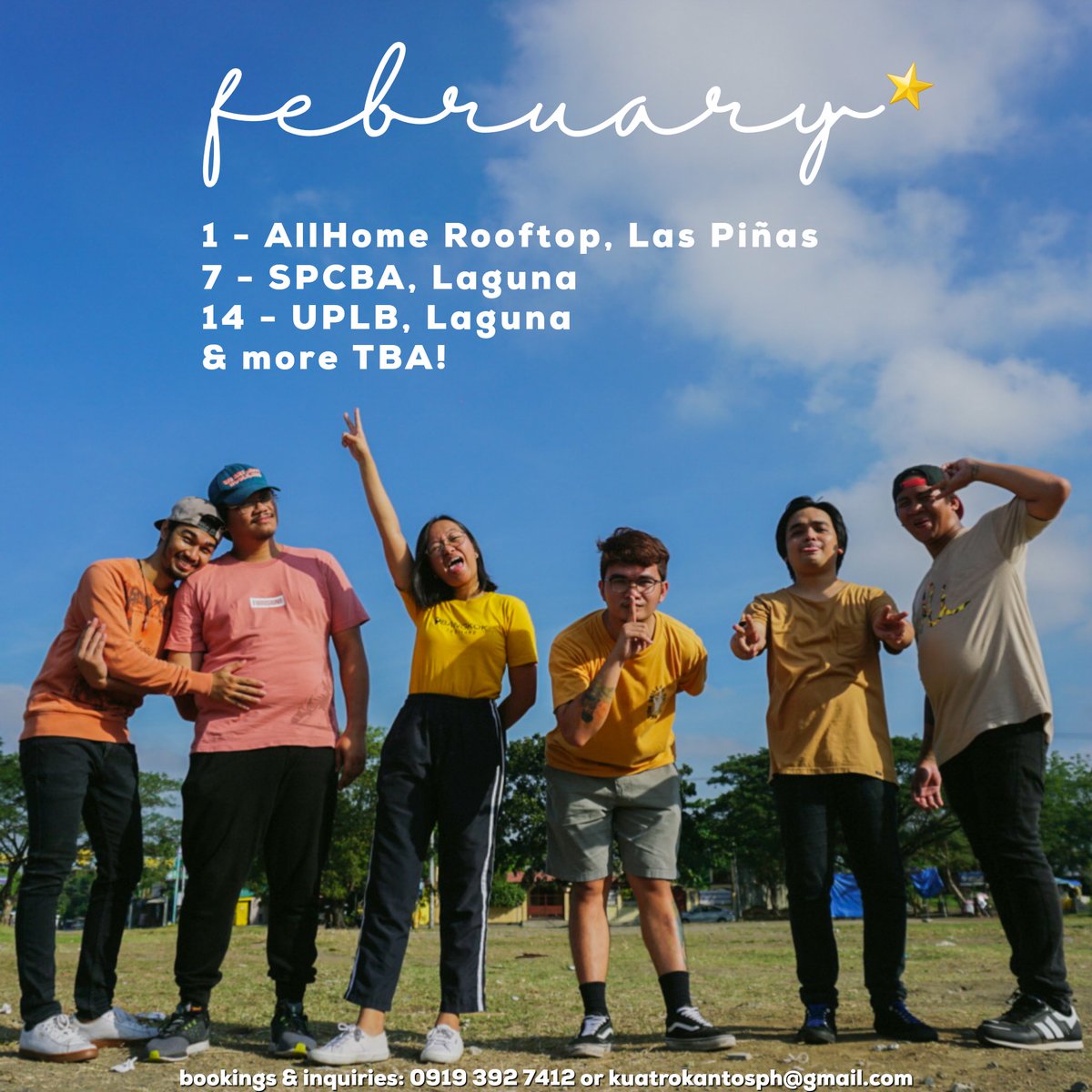 Patapos na ang 1st month ng 2020! 👏 
At dahil diyan, ito ang Feb gig sched namin! Saan niyo kami gusto makitang tumugtog? Invite niyo kami! 🧡✨

bookings &amp; inquiries: 09193927412 or kuatrokantosph@gmail.com