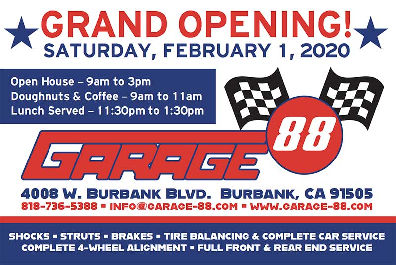 Our newest member, Garage 88 will be serving the community of Burbank along with the neighboring cities Glendale, NO HO, and Hollywood.
Join us in celebrating our Grand Opening this Saturday February 1st from 9am - 3pm. Food and fun for the whole family.
