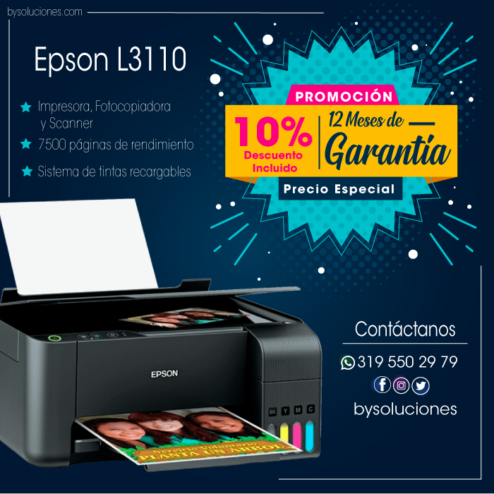 bysoluciones's tweet photo. #31Ene #AEstaHora  ¡OFERTA! Equipa tu negocio con la EPSON L3110. Impresora, Fotocopiadora y Scanner. Sistema de tintas recargables. PRECIO DE PROMOCIÓN… Visita nuestra página web https://t.co/owWI2f82tV  o Escríbenos al #Whatsapp y disfruta de descuentos especiales https://t.co/w5jVKmCHqG
