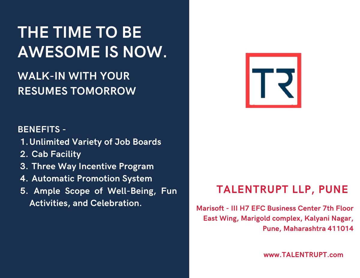 We are hiring #Recruiters – Freshers and Experienced alike! #Walkin at @Talentrupt office in #Kalyaninagar, #Pune, today and walk out with a #job in hand. #Talentrupt #RPO #TalentruptRPO #RPODoneRight #HiringFriday #USRecruitment #ITRecruitment #NonITRecruitment #TalentDiscovery