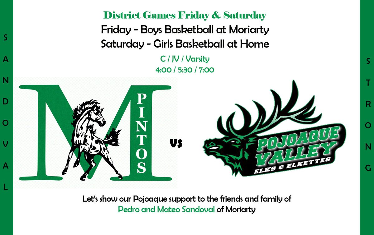 Pojoaque Valley Sports Page (@pojoaqueelks) on Twitter photo District Games tomorrow and Saturday! We will be honoring the lives of Pedro and Mateo Sandoval of Moriarty. Come out and help our teams show your support to Ernie and Alexandria Sandoval! <a href="/pojovalley/">PVSD Schools</a> @ValleyDailyPost District Games tomorrow and Saturday! We will be honoring the lives of Pedro and Mateo Sandoval of Moriarty. Come out and help our teams show your support to Ernie and Alexandria Sandoval! <a href="/pojovalley/">PVSD Schools</a> @ValleyDailyPost