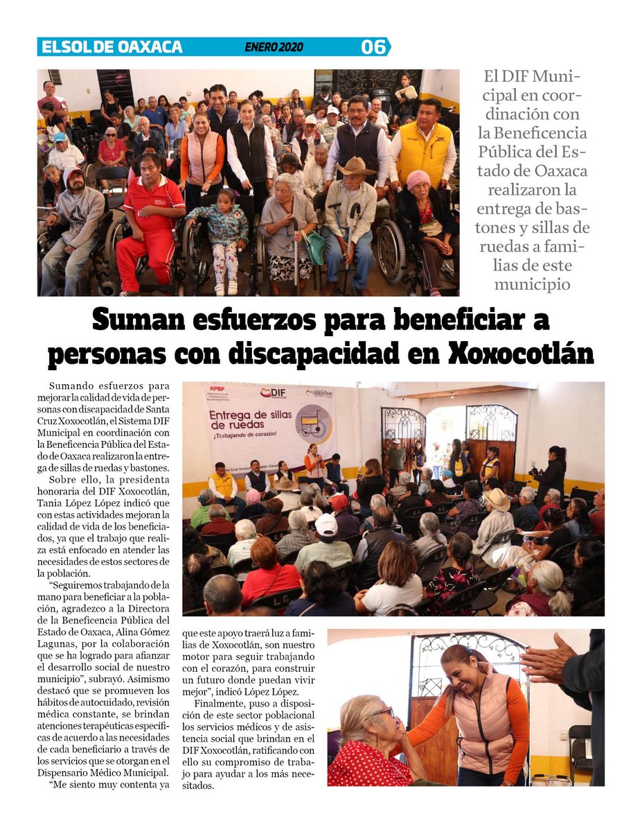 VicManOaxaca's tweet photo. #ElSoldeOaxaca #Num291 #Pag6
* Suman esfuerzos para beneficiar a personas con discapacidad en Xoxocotlán.
// @miranda_od // https://t.co/IrGrqkv3An