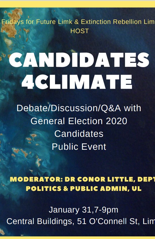 Really looking forward to the questions and the answers at tomorrow night's #GeneralElection2020 event in Limerick. @Fridaysforfut18 @XRLimerick @conorlittle @Limerick_Leader 
Under discussion: THE defining issue of our time. NOTE: STARTING TIME Is 7.30pm.
#ClimateEmegency