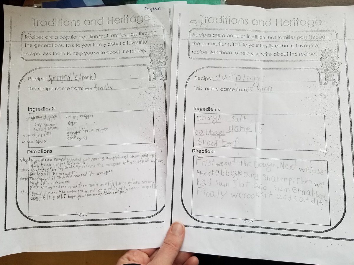MrsCollaton's tweet photo. A few of the many recipes students brought from home to share with the class! We want to try them all!🗒🥘🍪 #procedurewriting #traditions @stmattoakville https://t.co/cCrJN5YLpM