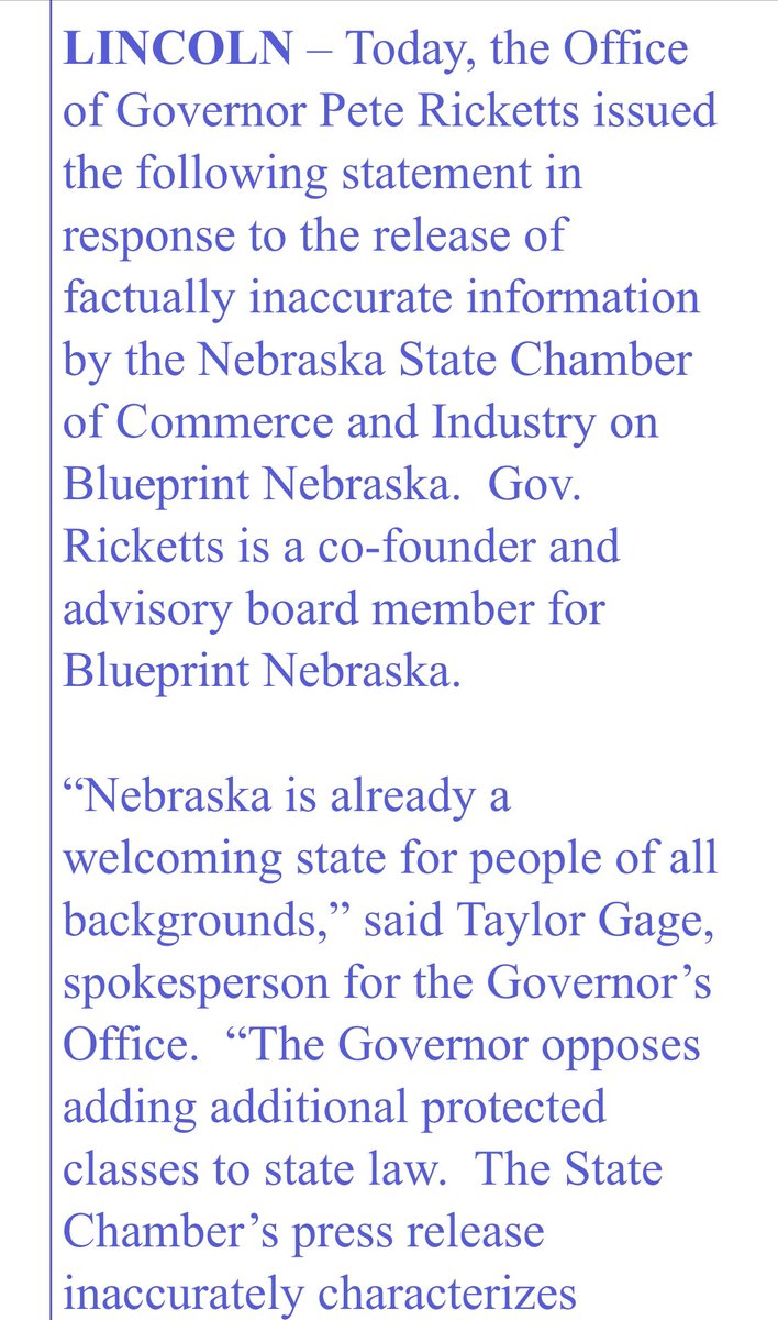 Adam_Morfeld's tweet photo. Meanwhile @GovRicketts digs into his anti gay, anti business stance in response to the Chamber’s pro business, pro LGBT stance. He really leans into “Nebraska, it’s not for everyone.” https://t.co/ntnS1OaiCm