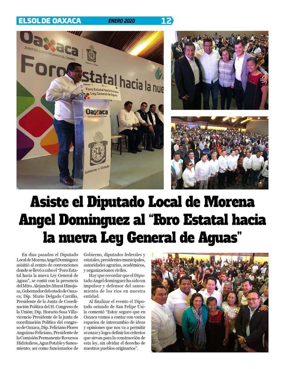 VicManOaxaca's tweet photo. #ElSoldeOaxaca #Num291 #Pag12
* Asiste el Diputado Local de Morena @AngelAndariego al "Foro Estatal hacia la nueva ley General de Aguas".
// @RicardoMonrealA @yeidckol @lopezobrador_ / https://t.co/PAomMLG9pk