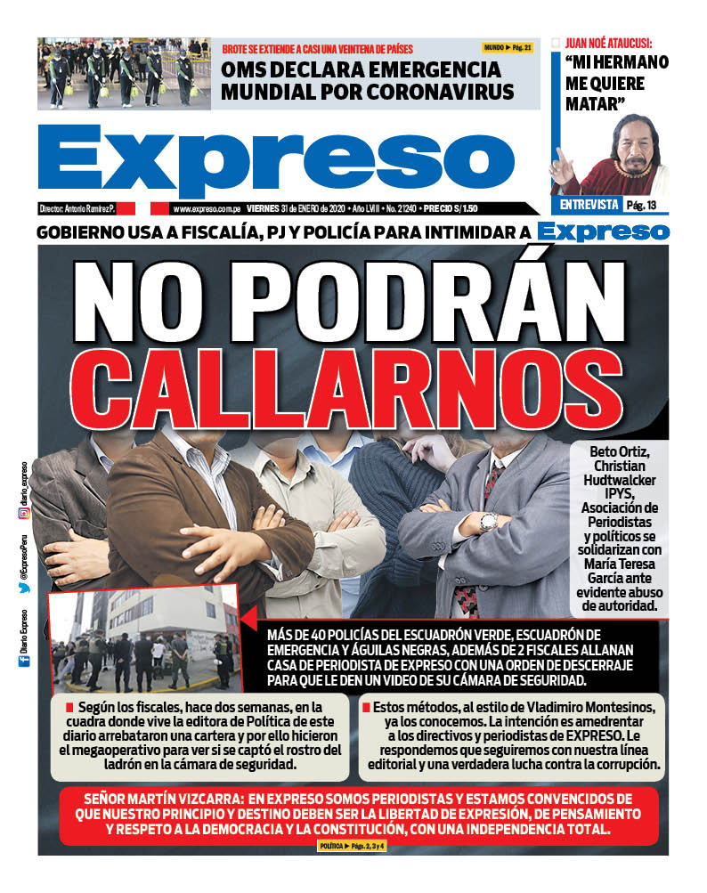 ExpresoPeru's tweet photo. 🗞️¡Esta es la portada de Diario Expreso para el viernes 31 de enero del 2020!

Mantente informado en https://t.co/EJusS9HY3B https://t.co/9tYP5cha2O
