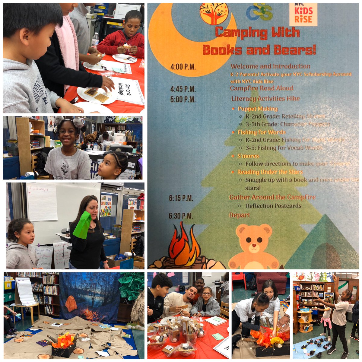 CS111q_babich's tweet photo. Camping with books and bears! Who doesn’t like a good book and some s’mores by the fire? #welovetoread #cs111 @DionneJaggon @nycdistrict30 @NYCKidsRISE https://t.co/HHLpohB8nX